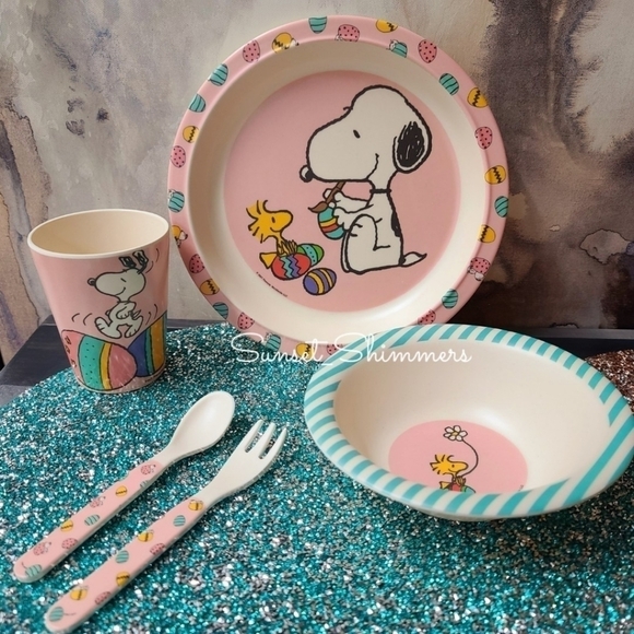 4 New Peanuts Snoopy & Woodstock Kids Easter Egg Dinner Plate Bowl Cup Utensils - Picture 2 of 12